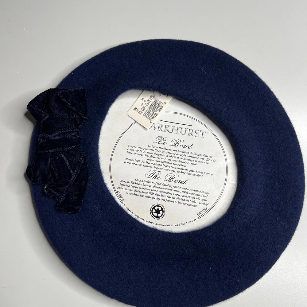 Parkhurst Le‎ Beret Navy Blue 100% Wool Beret Bow Detail Lazarus VTG